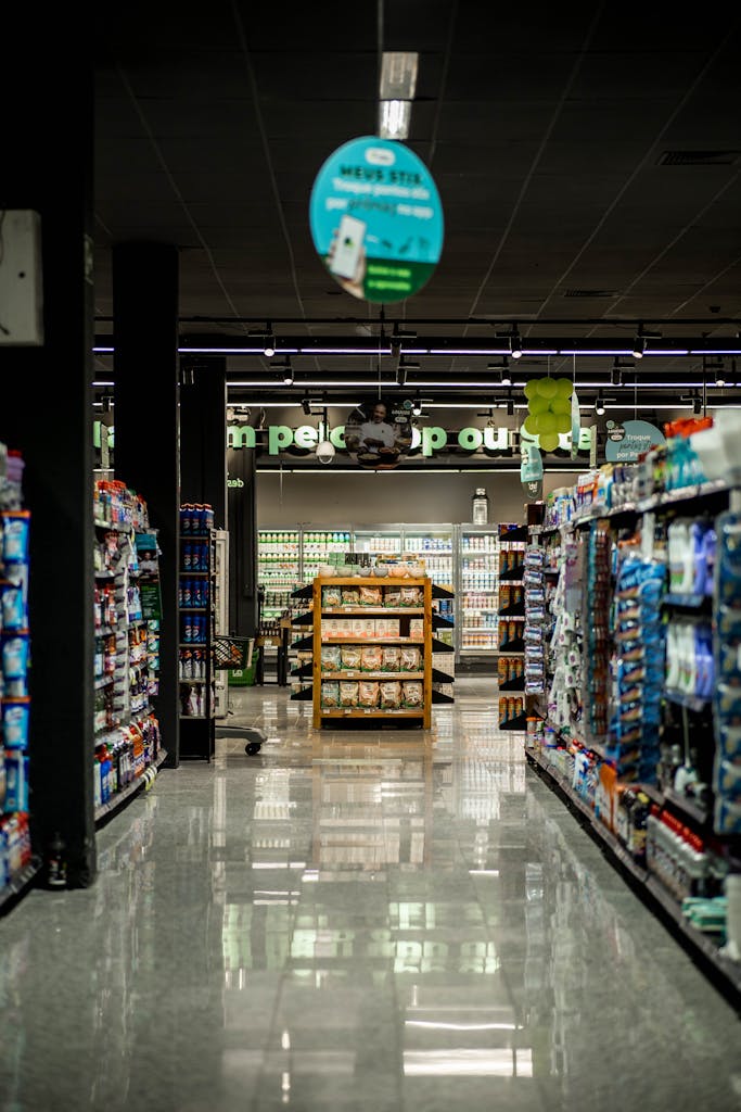A well-lit grocery store aisle with stocked shelves, reflecting a serene shopping environment.